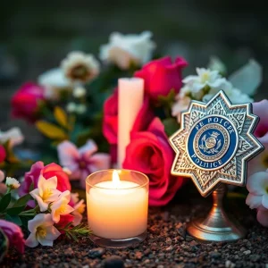 Candles and flowers surrounding a police badge in memory of Stanley Knox.