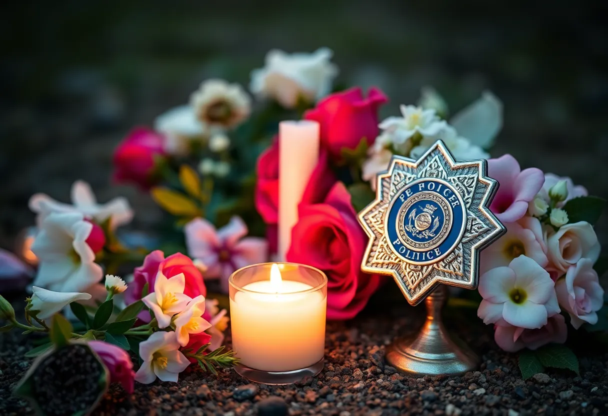 Candles and flowers surrounding a police badge in memory of Stanley Knox.