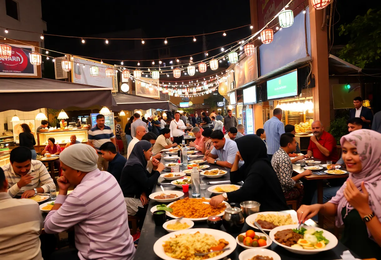 Community gathering for iftar at Metro Detroit restaurants during Ramadan.