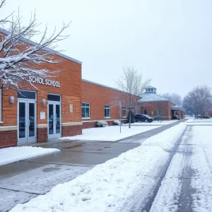 Closed school building surrounded by snow in Metro Detroit