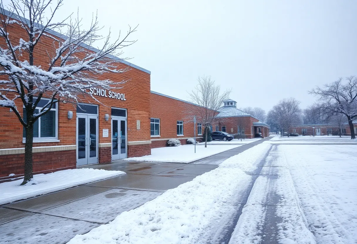 Closed school building surrounded by snow in Metro Detroit