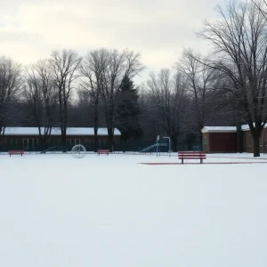 Empty school playground covered in snow during extreme cold