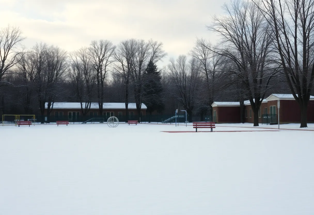 Empty school playground covered in snow during extreme cold