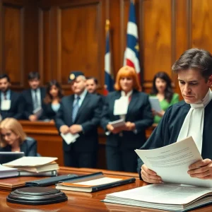 Courtroom scene with a judge and lawmakers discussing legislative bills