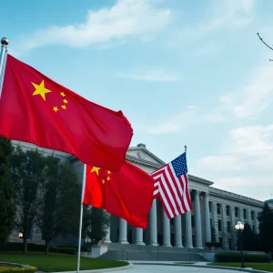 University campus with flags representing U.S. and China