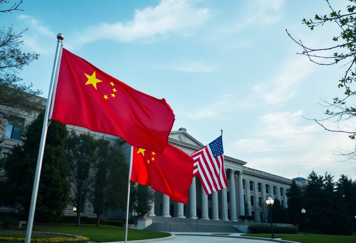 University campus with flags representing U.S. and China