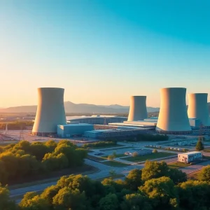 Nuclear power plant showcasing advanced technology and eco-friendly landscape.