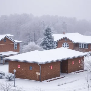 Snowy school landscape with closed signs in Mid-Michigan