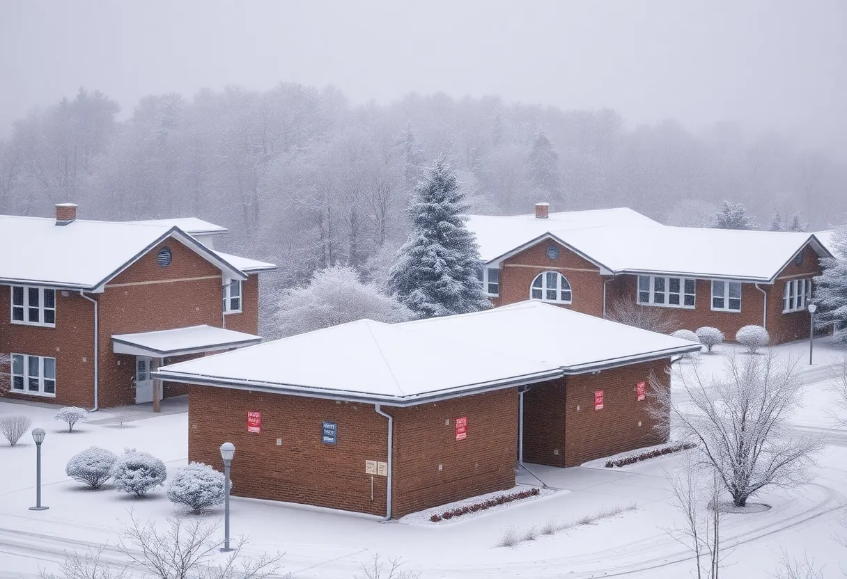 Snowy school landscape with closed signs in Mid-Michigan