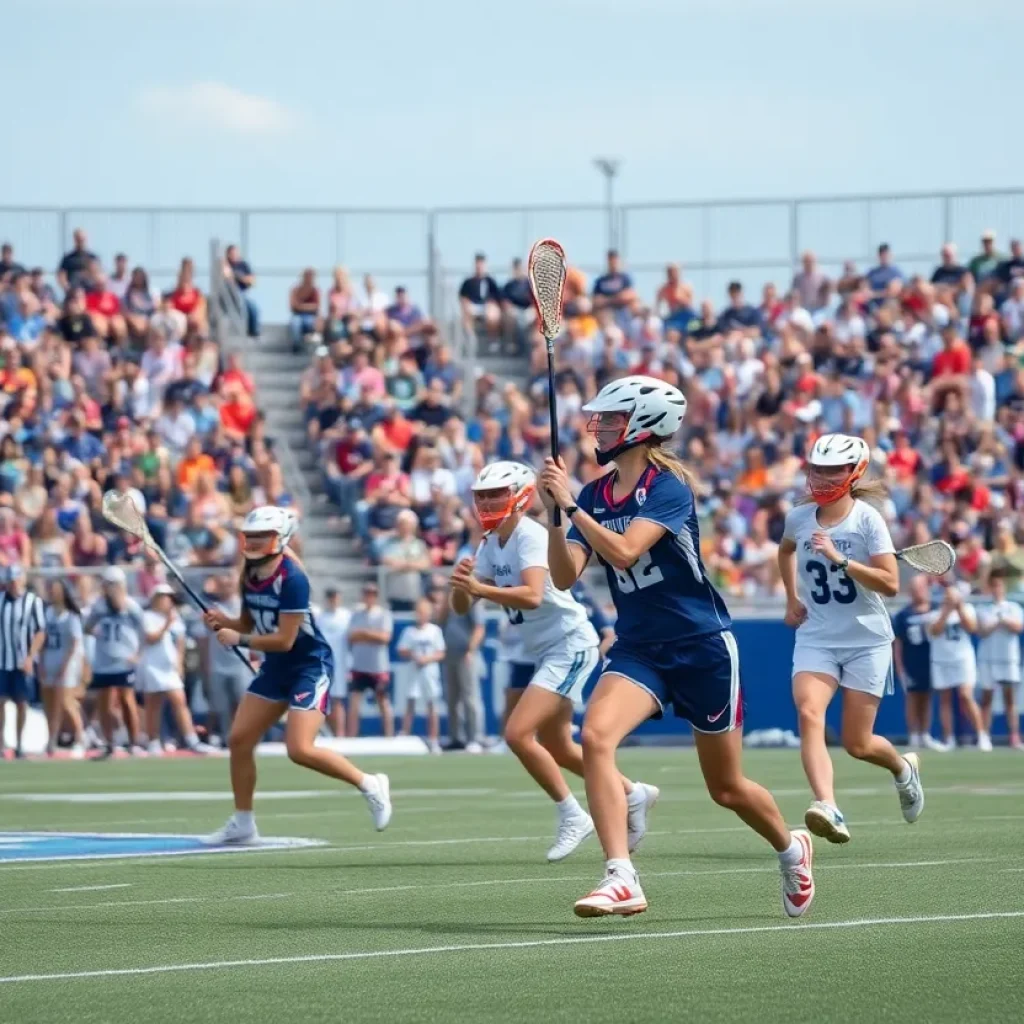 Lacrosse players in action during a vibrant match.