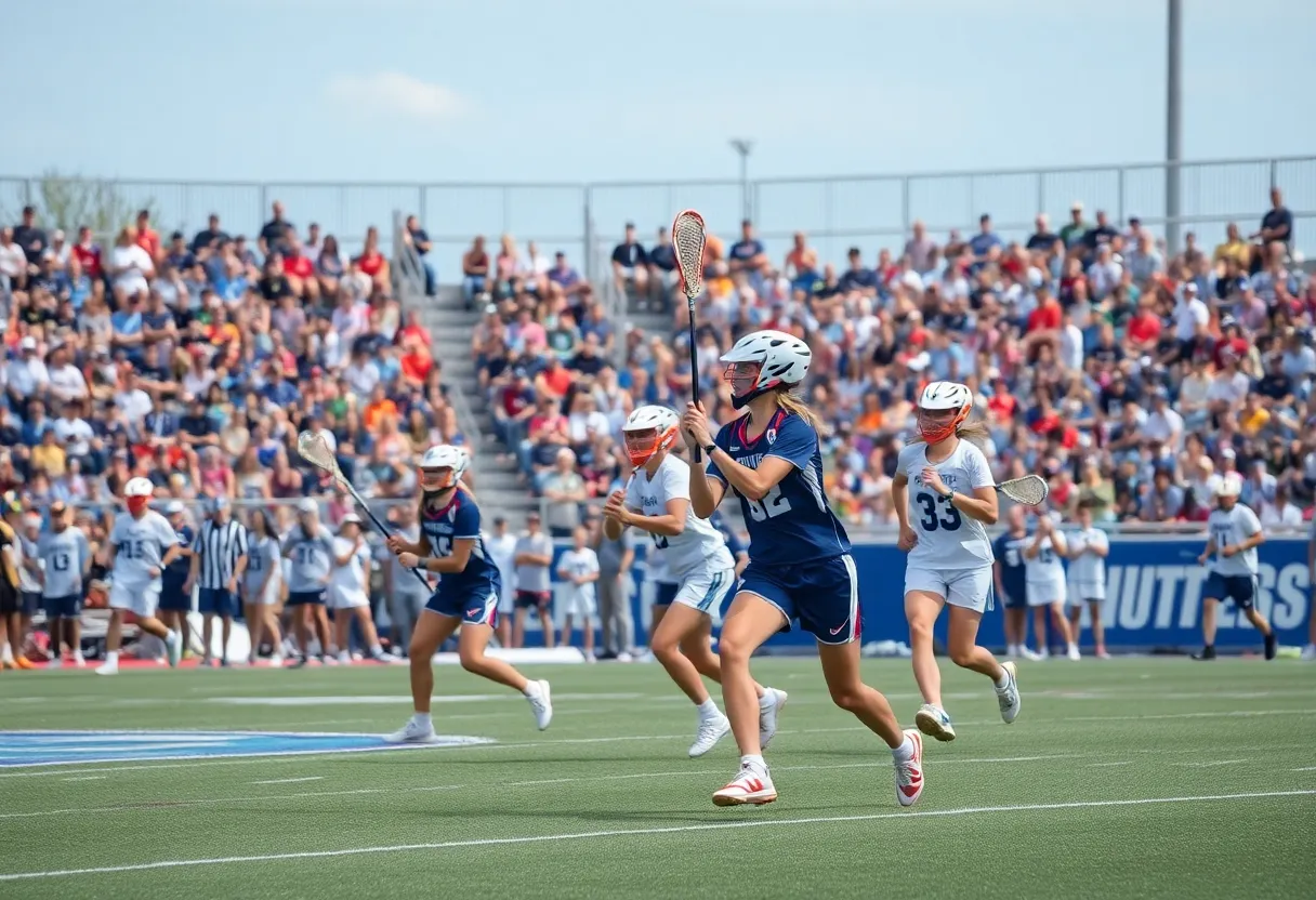 Lacrosse players in action during a vibrant match.