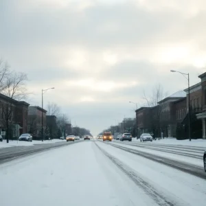 A snowy street in Metro Detroit during winter weather