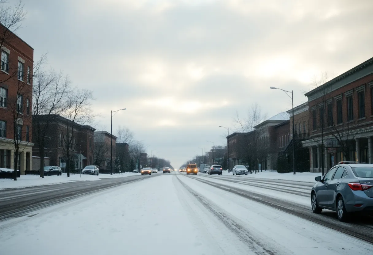 A snowy street in Metro Detroit during winter weather