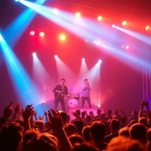 A lively concert scene with a crowd cheering at a pop music concert