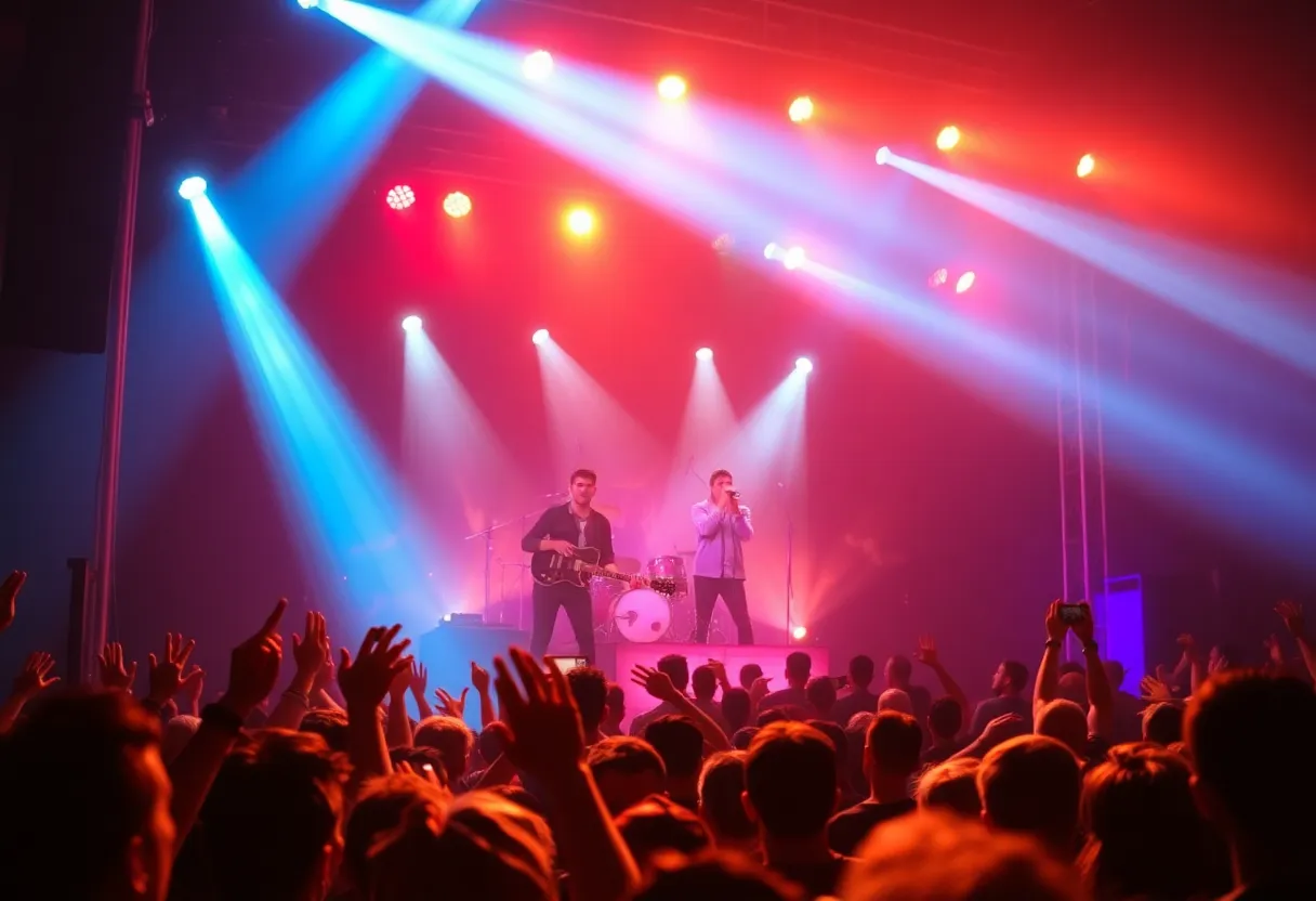 A lively concert scene with a crowd cheering at a pop music concert