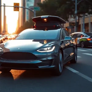 Tesla vehicle demonstrating self-driving features on city street