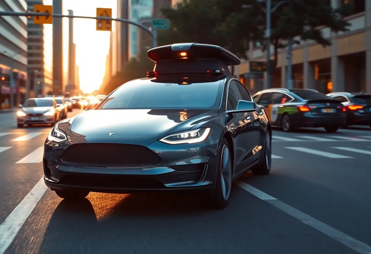 Tesla vehicle demonstrating self-driving features on city street