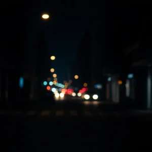 Dark urban street at night with blurry city lights