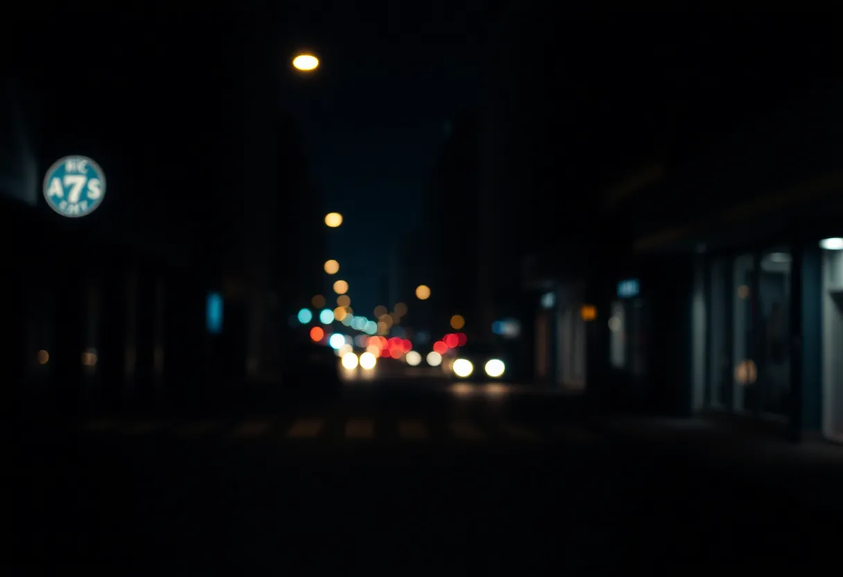 Dark urban street at night with blurry city lights