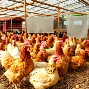 Farm depicting biosecurity measures and poultry