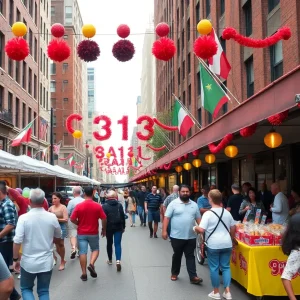 A vibrant celebration of 313 Day in Detroit with food stalls and cheerful crowds.