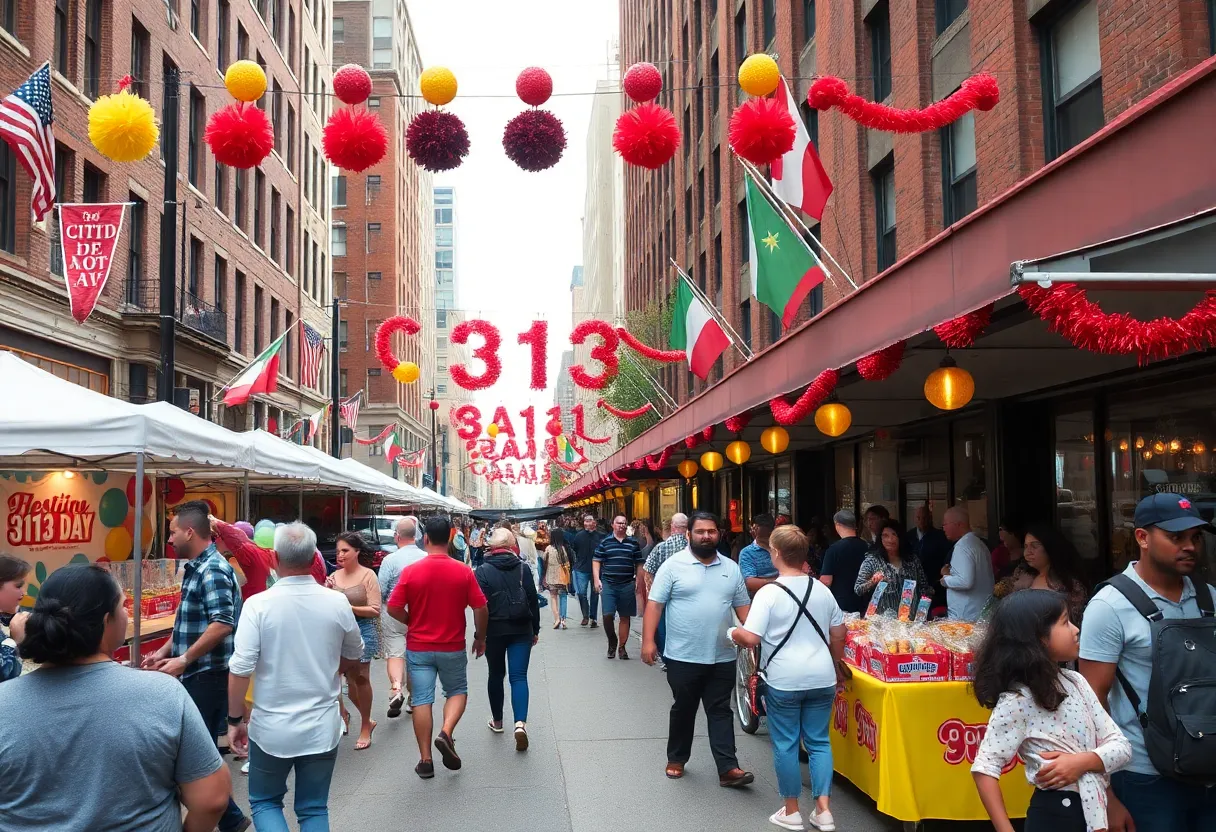 A vibrant celebration of 313 Day in Detroit with food stalls and cheerful crowds.