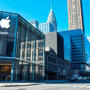 Cityscape of Detroit with Apple store and manufacturing academy