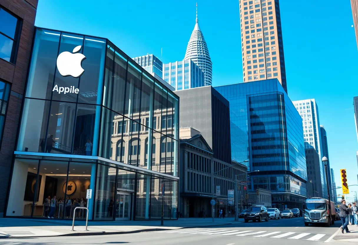 Cityscape of Detroit with Apple store and manufacturing academy