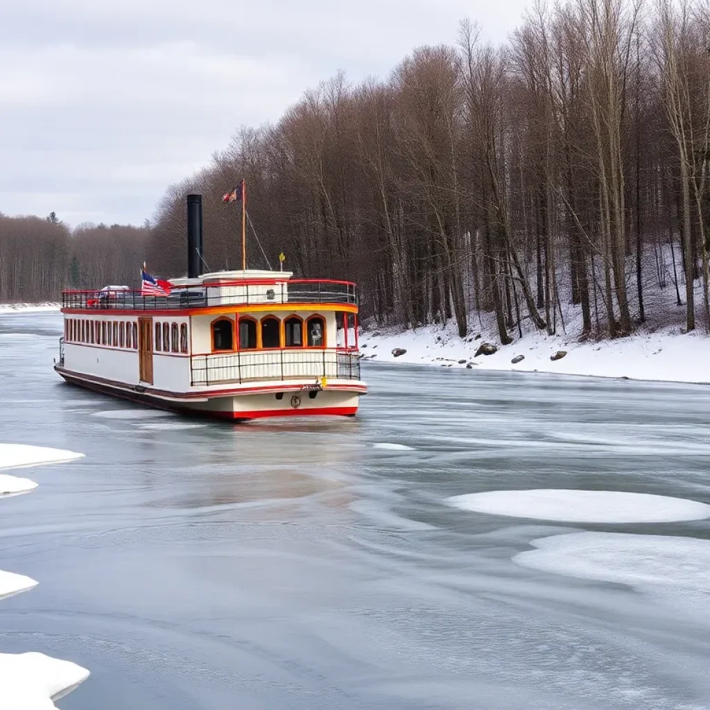 Submerged AuSable River Queen paddleboat in winter landscape