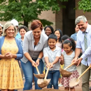 Crowd of community members at a school groundbreaking ceremony