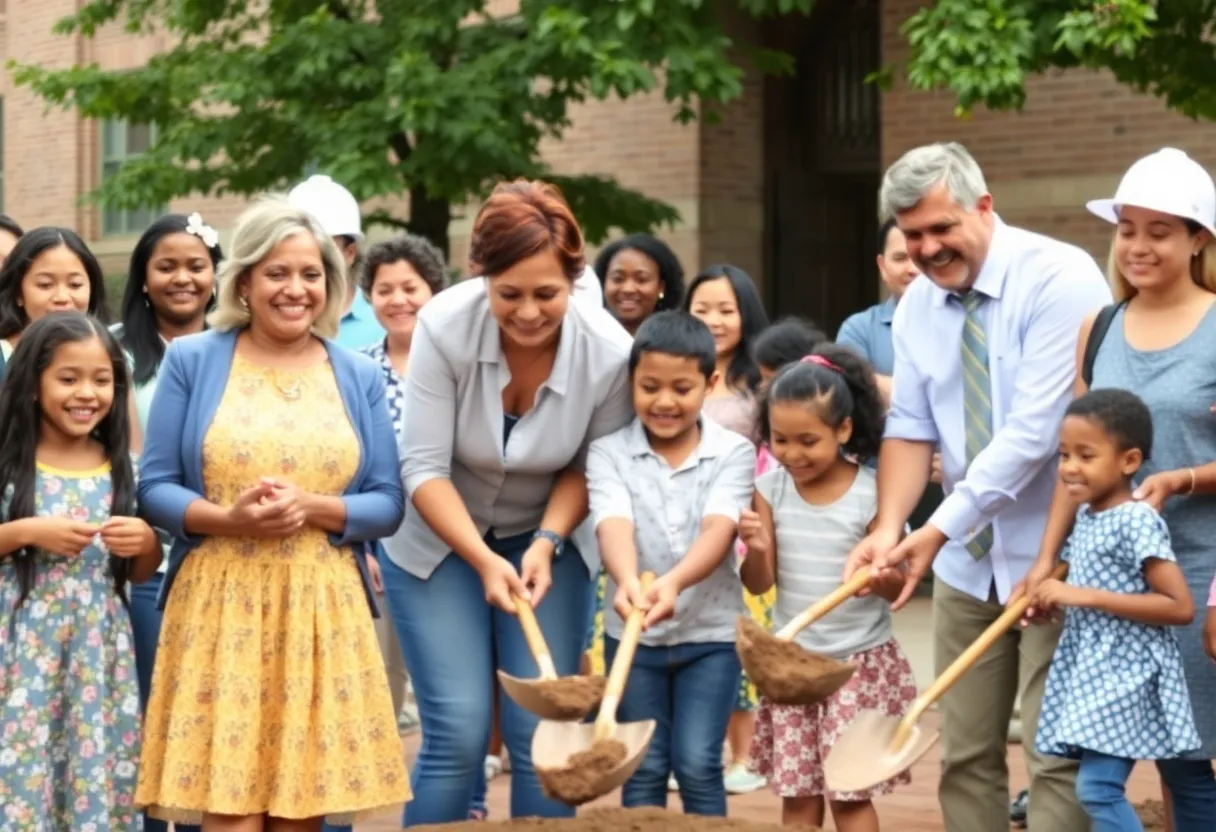 Crowd of community members at a school groundbreaking ceremony