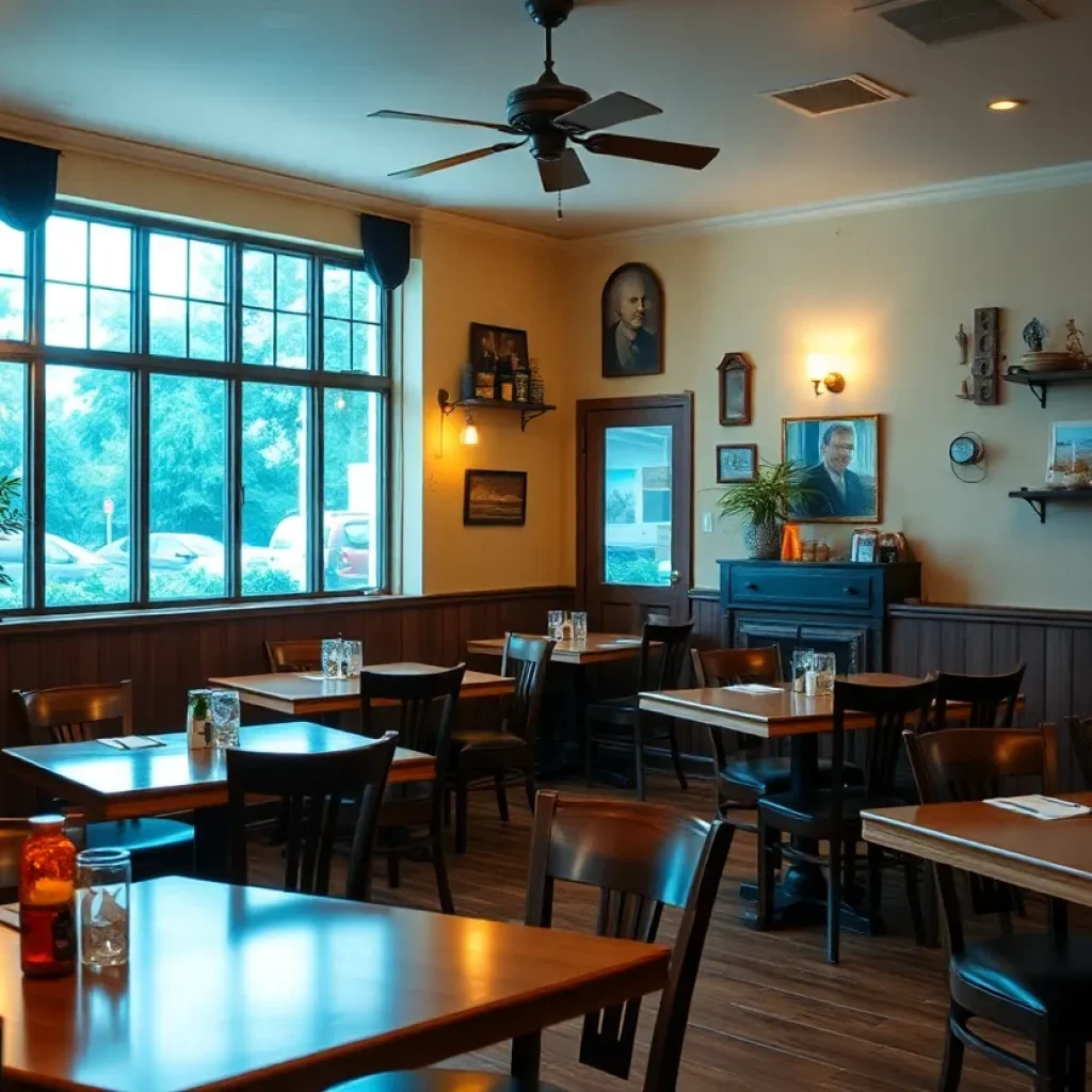 Interior of Bobcat Bonnie's restaurant with empty tables and soft lighting