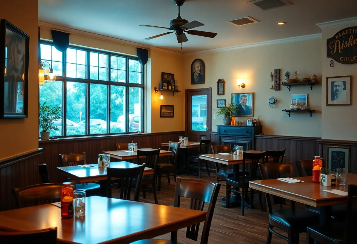 Interior of Bobcat Bonnie's restaurant with empty tables and soft lighting