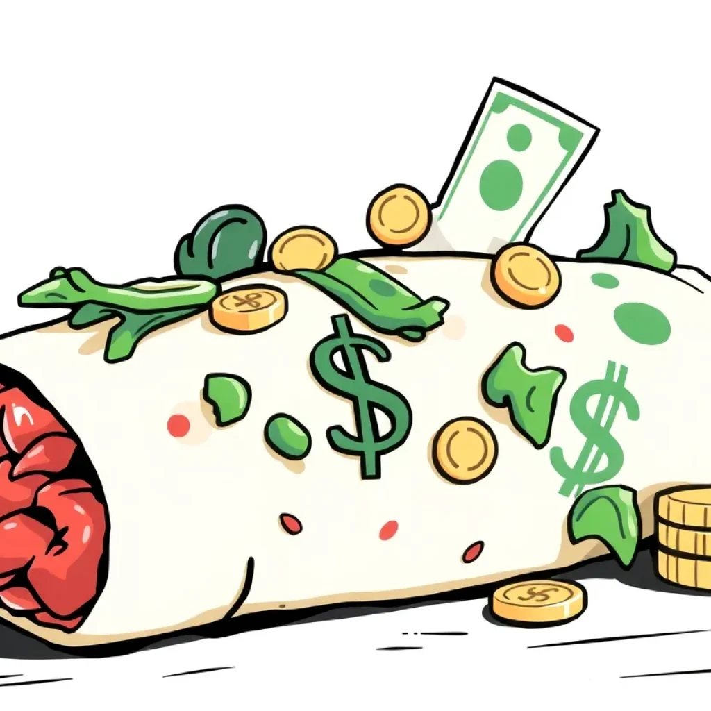 Illustration of a burrito surrounded by currency symbols