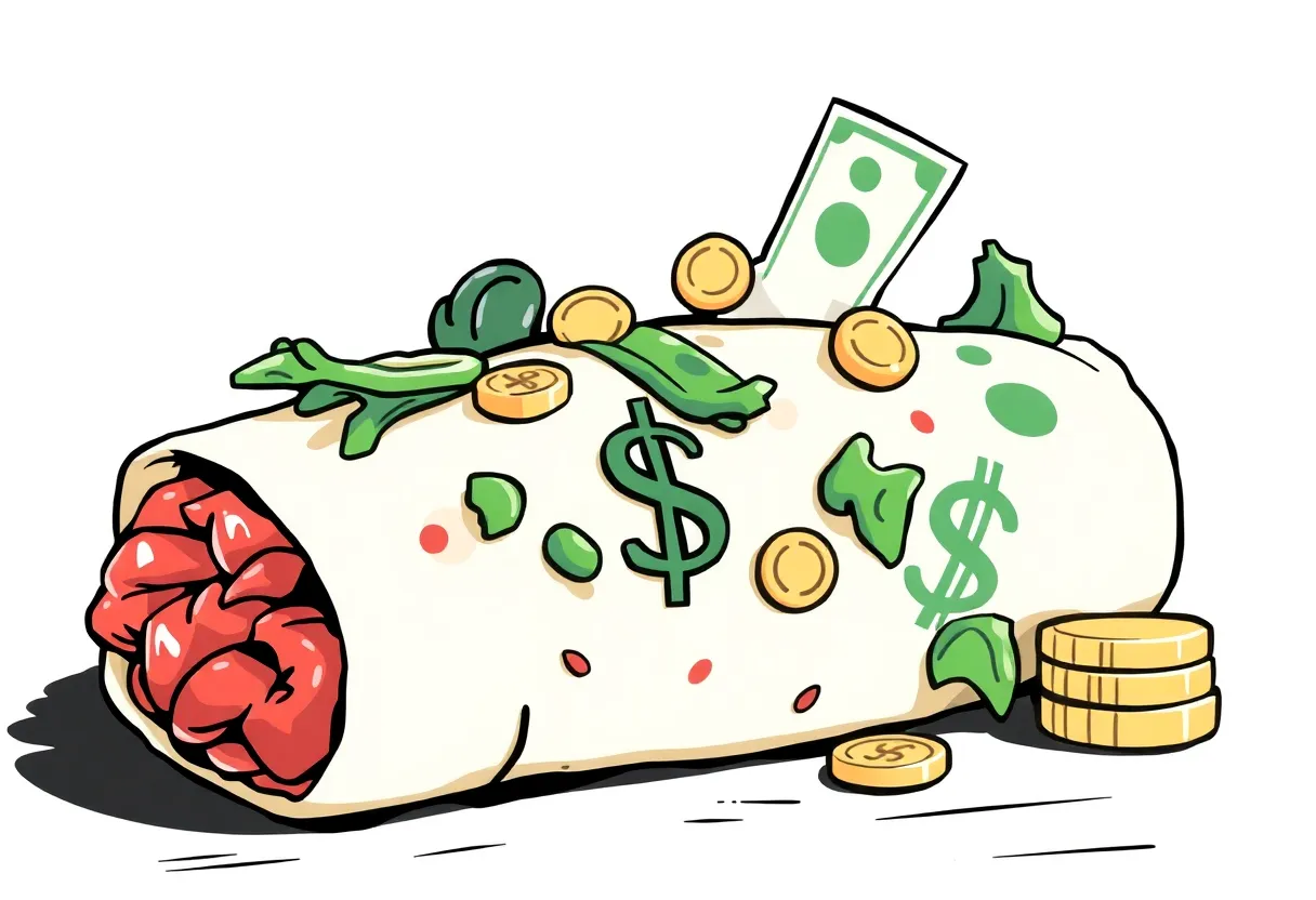 Illustration of a burrito surrounded by currency symbols