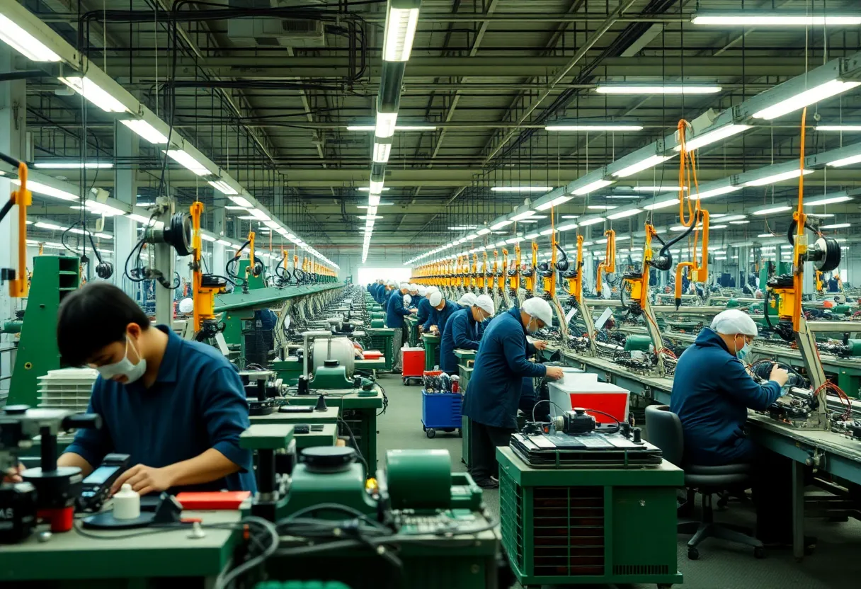 Manufacturing workers in China engaged in production activities