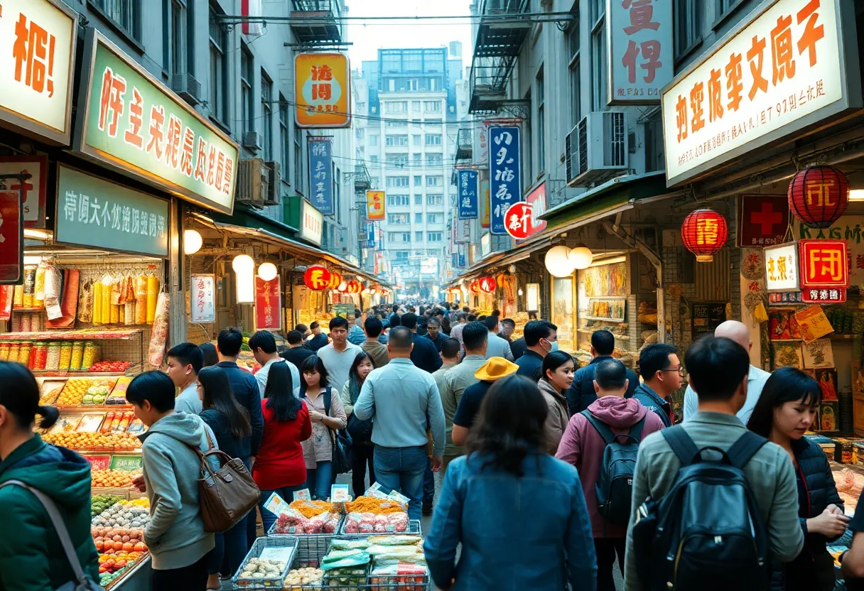 A lively marketplace in China showcasing consumer activities