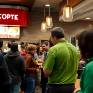 Interior of a Chipotle restaurant during a tense moment.