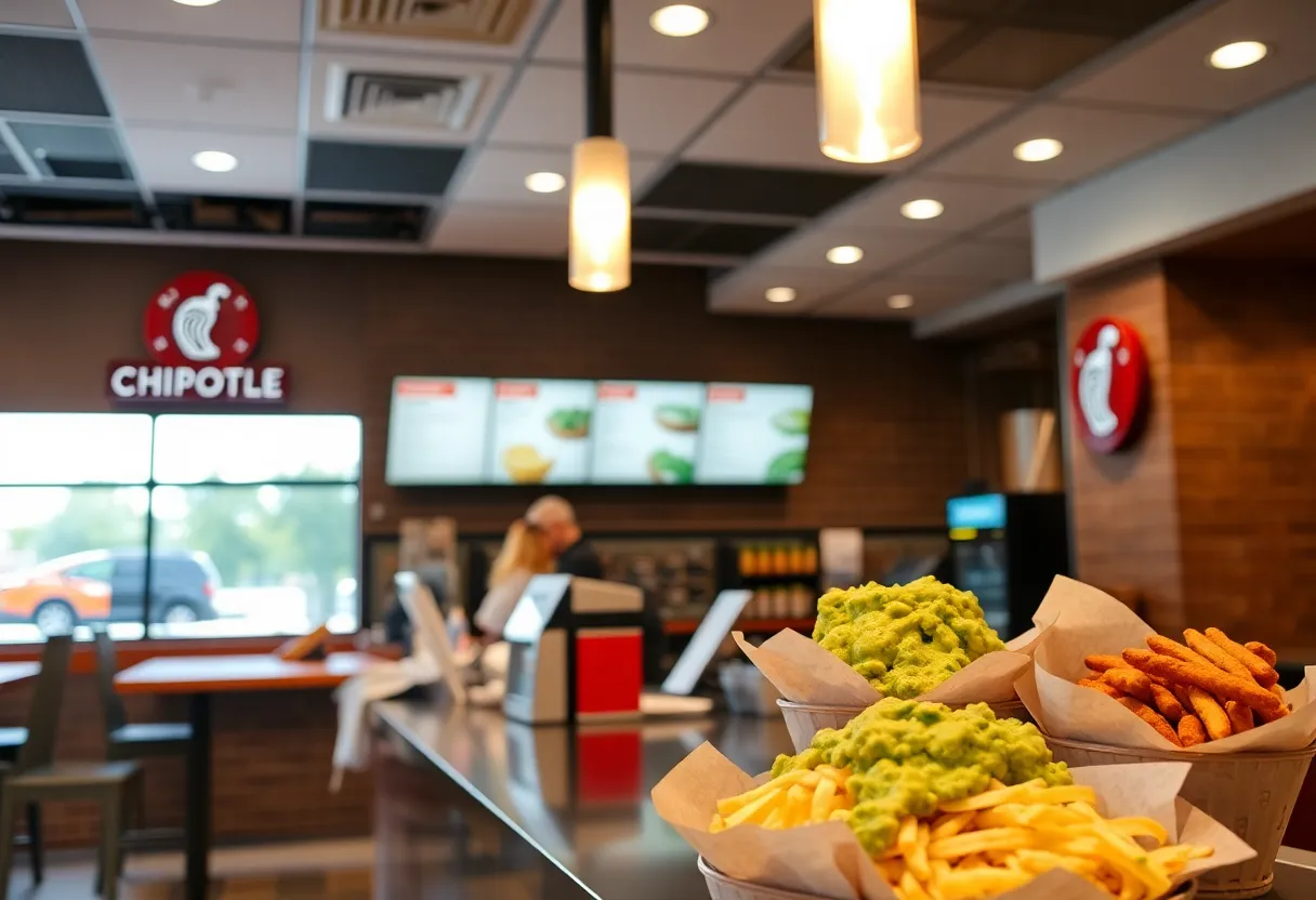 Interior view of a Chipotle restaurant featuring the ordering counter and guacamole.