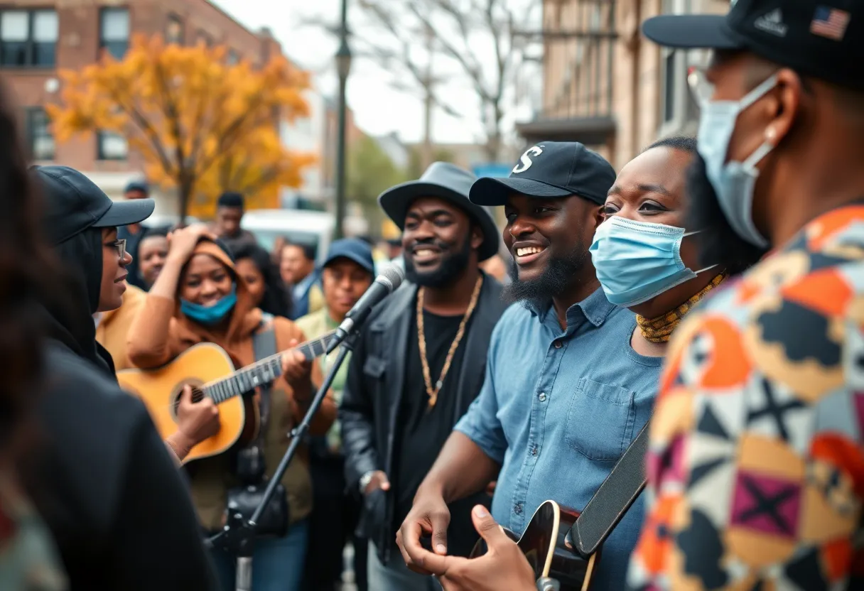 A vibrant community event in Detroit showcasing music and volunteerism.