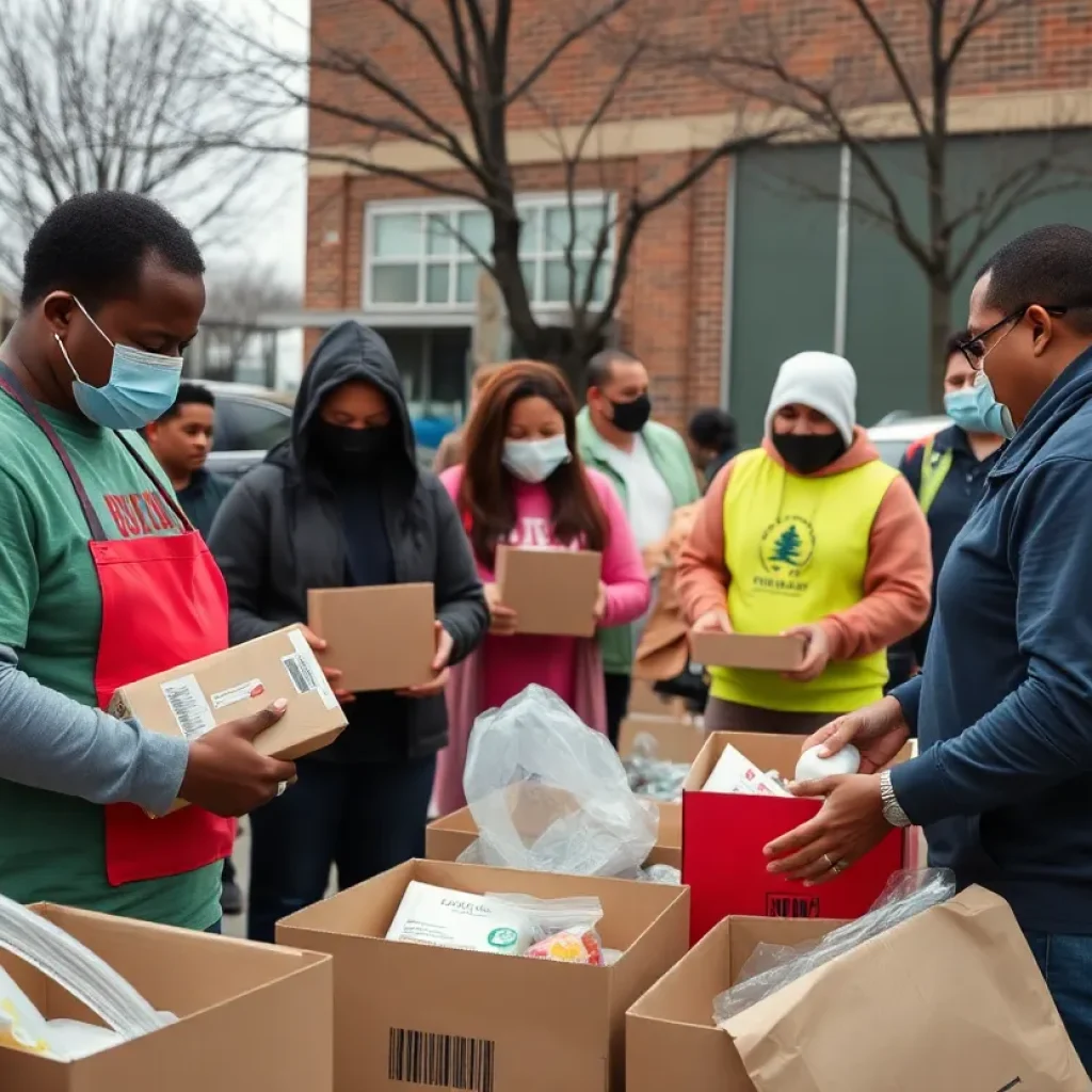 Volunteers organizing flood relief supplies in Southwest Detroit