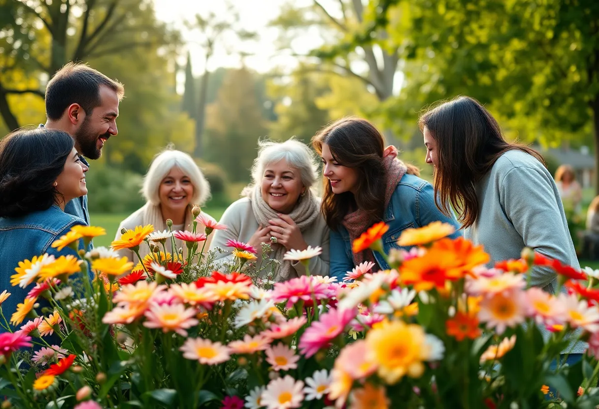 A heartwarming community memorial gathering with families and friends.