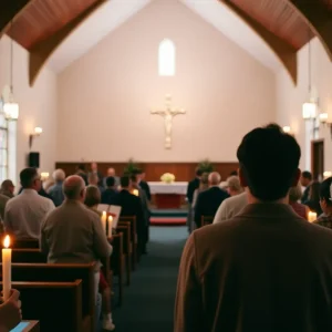 Worshipers praying together in St. Bonaventure Chapel for Pope Francis's recovery.