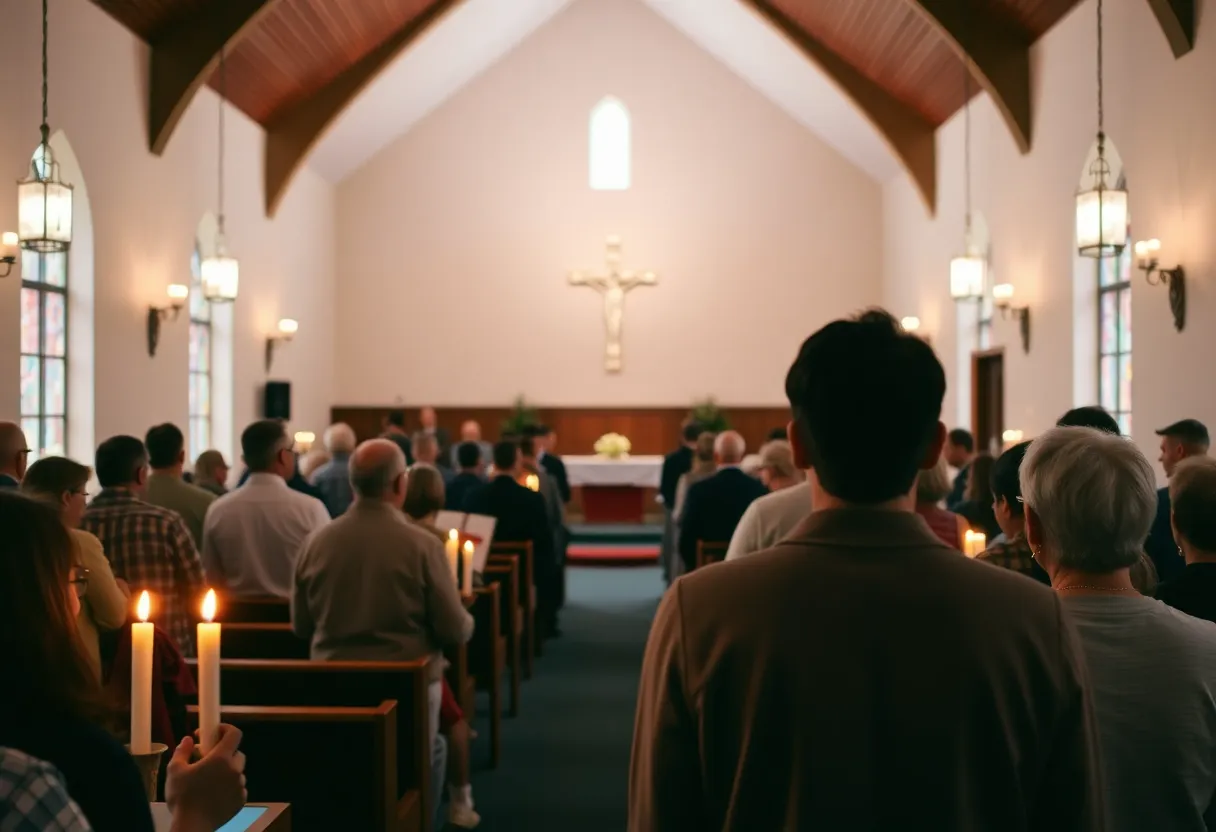 Worshipers praying together in St. Bonaventure Chapel for Pope Francis's recovery.