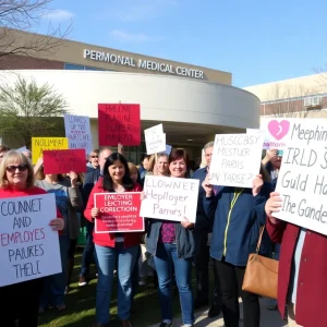 Protesters gather outside a medical center to oppose VA layoffs