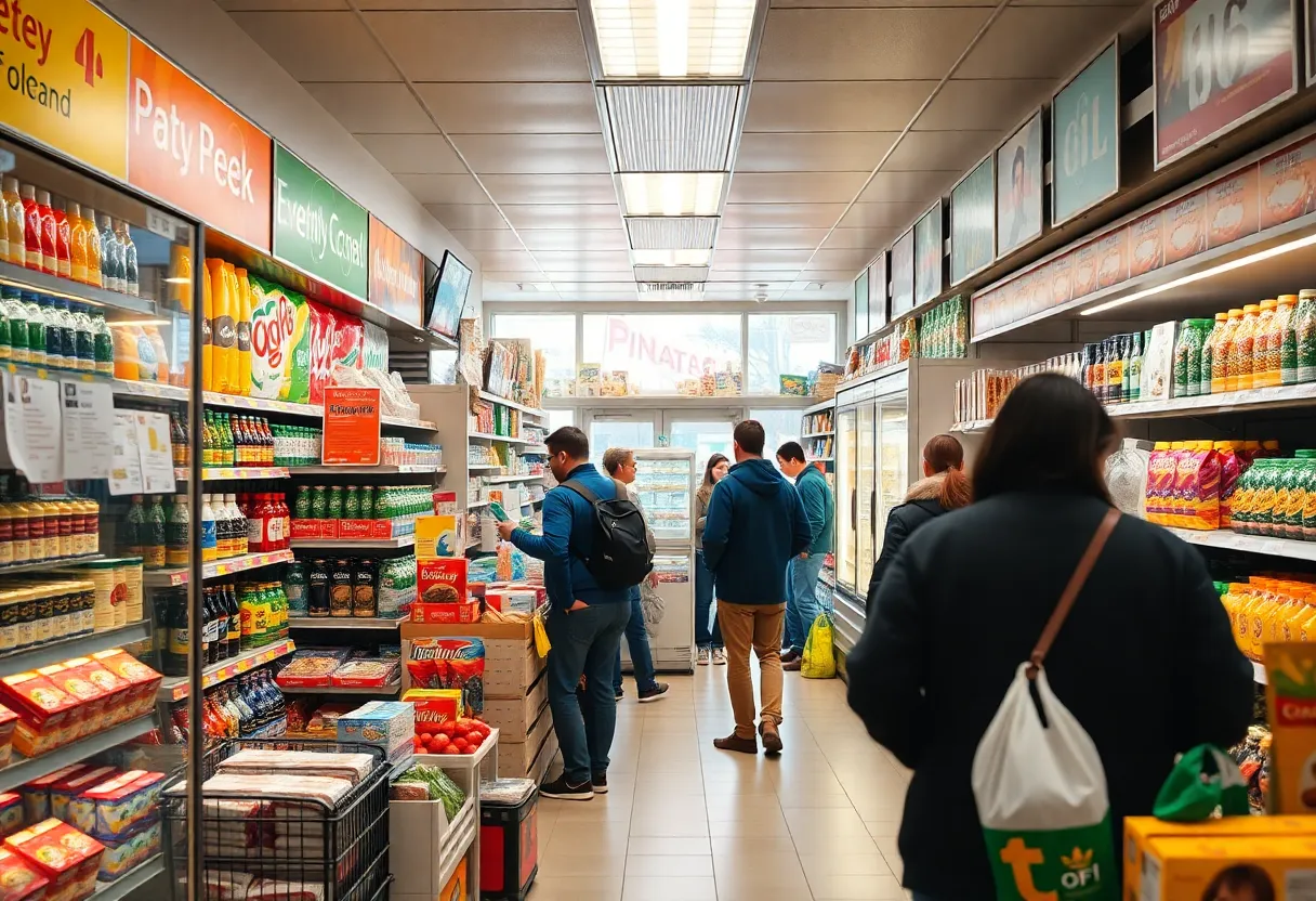 A vibrant convenience store with shoppers and products on display.