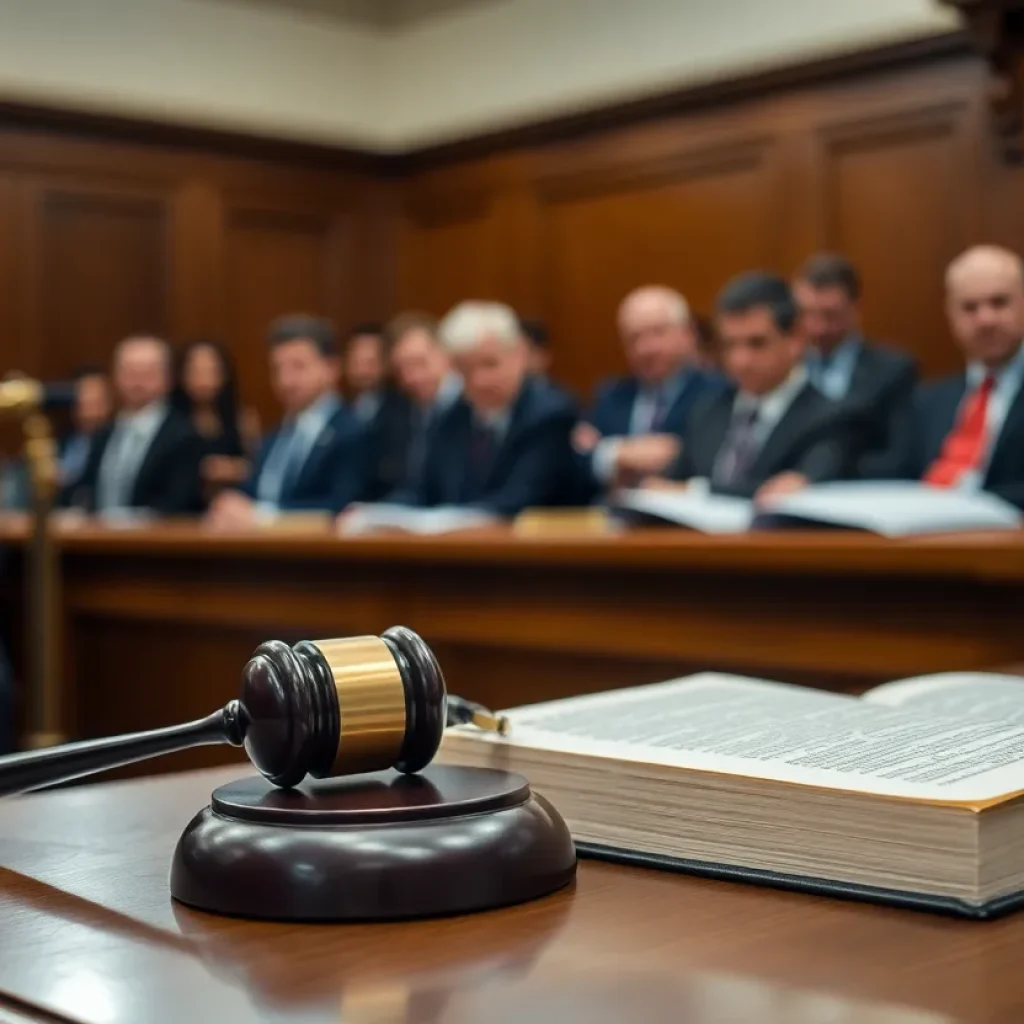 A courtroom with legal elements and an engaged audience symbolizing political and legal discussions.