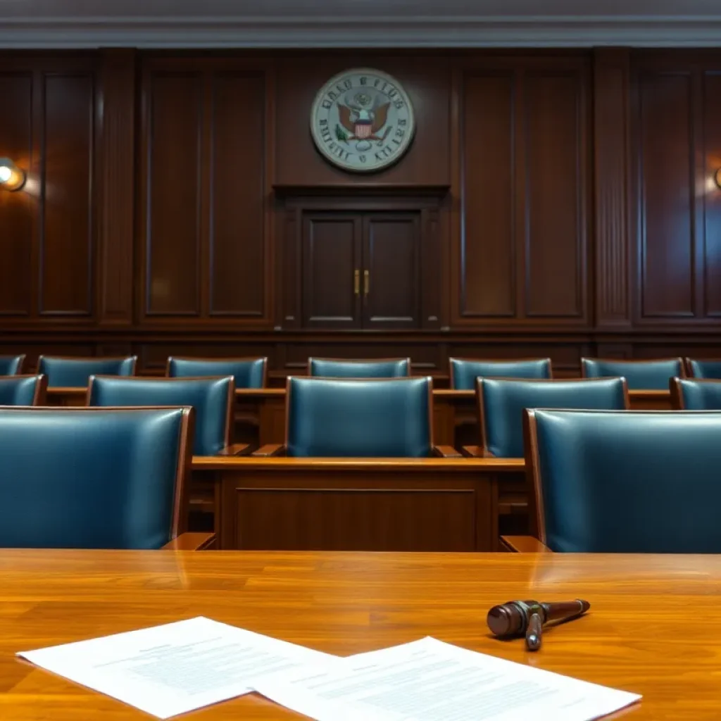 Empty courtroom chairs representing absent witnesses in a Detroit legal case.