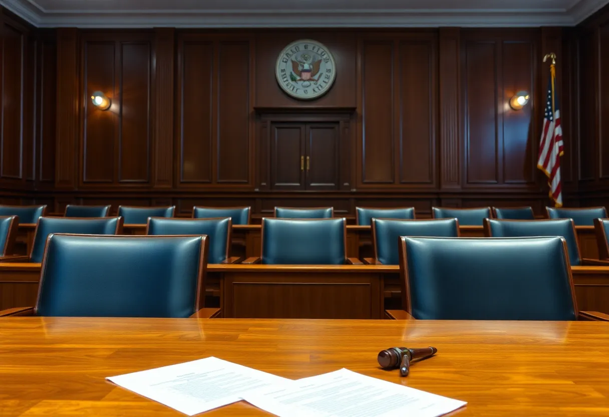 Empty courtroom chairs representing absent witnesses in a Detroit legal case.