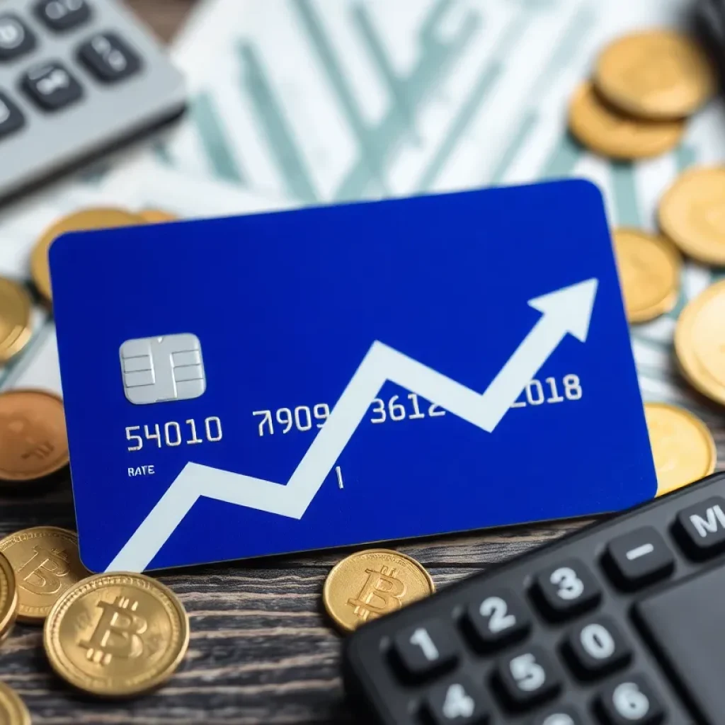 Representation of a credit card with a downward trend arrow illustrating decreased interest rates.